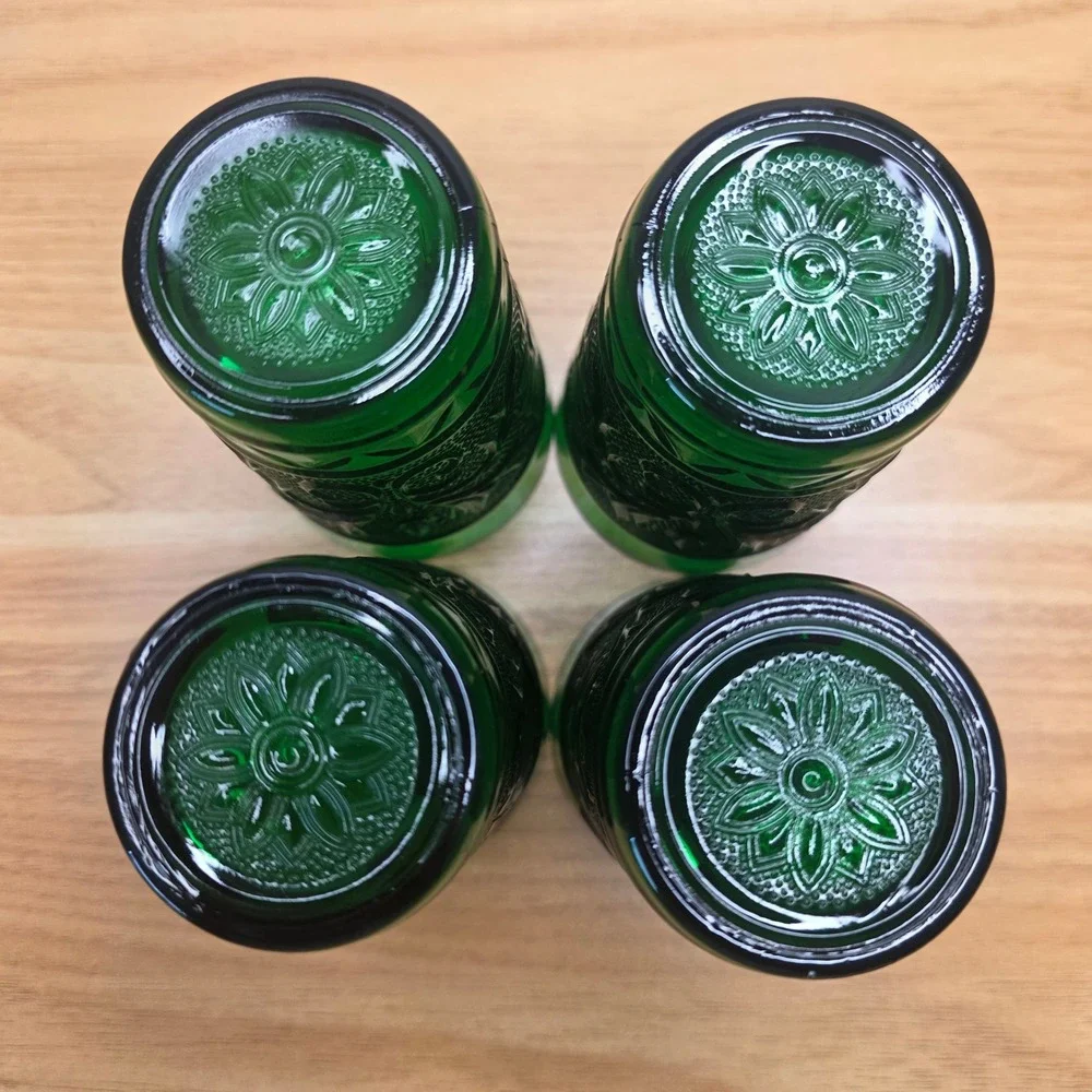 4 Vtg Anchor Hocking Forest Green Sandwich Glass Flat Juice Tumblers 3.5